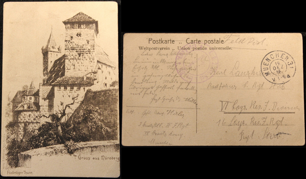 Adolf Hitler recovers from a war wound in Munich, he sends a postcard to Karl Lanzhammer, a fellow despatch runner from his regiment, telling him he will report voluntarily to the field immediately Adolf Hitler recovers from a war wound in Munich, he sends a postcard to Karl Lanzhammer, a fellow despatch runner from his regiment, telling him he will report voluntarily to the field immediately